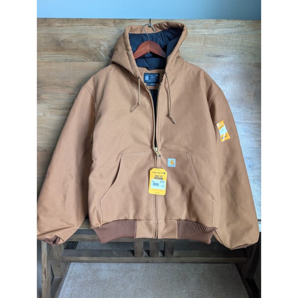 NWT Carhartt Firm Duck Insulated Jacket Mens L Brown Flannel Lined Loose Hooded